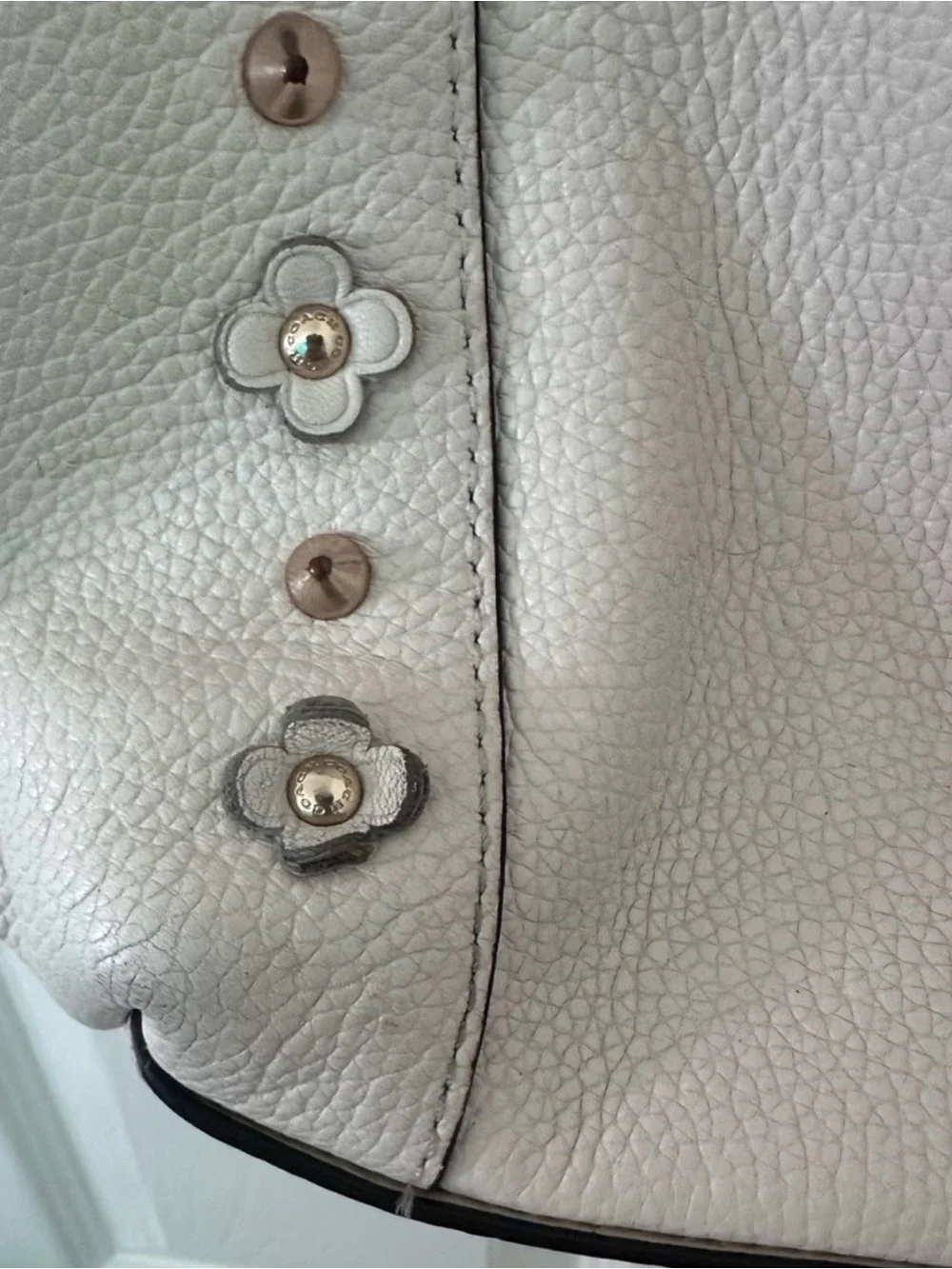 Coach Edie White Pebble Leather Floral Stud Shoulder Tote